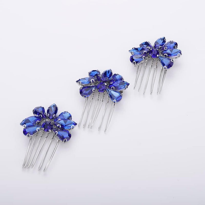 Rumtock 3pcs Blue Rhinestones Hair Comb Set for Wedding Brides Bridesmaid Women Girls Handmade Sparkle Hair Piece Vintage Hair Styling Jewelry (Blue) - Image 2